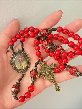 Artistic Red Beaded Necklace of the five holy wounds of our lord|lent|cord